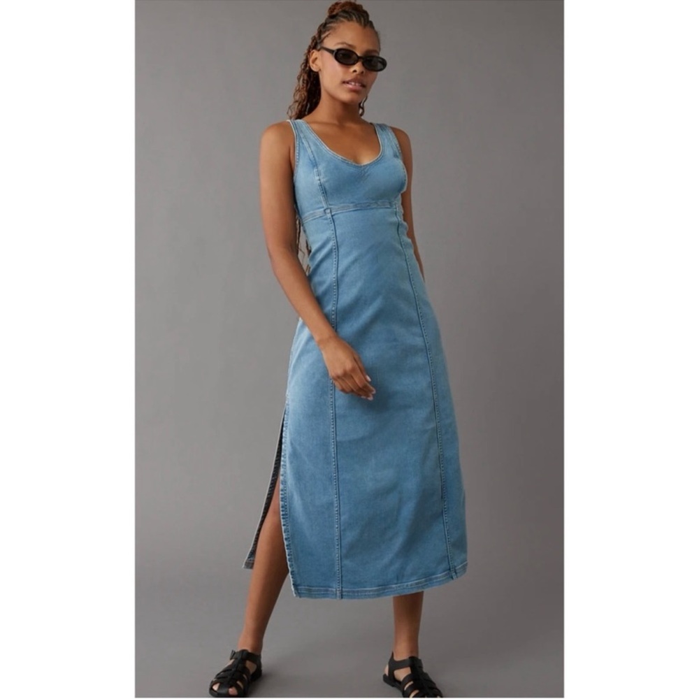 AMERICAN EAGLE | Stretch Denim Scoop Neck Maxi Dress in Blue, Size 4 - Picture 2 of 7